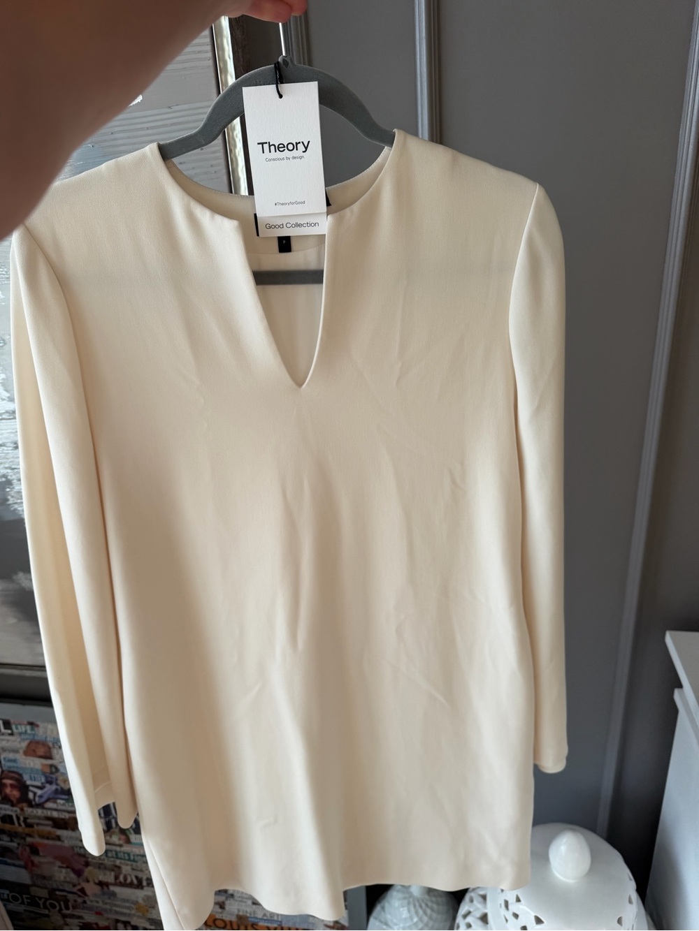 Theory -  Ladies Admiral Crepe Split Neck Mini Dress in Cream. Size: P